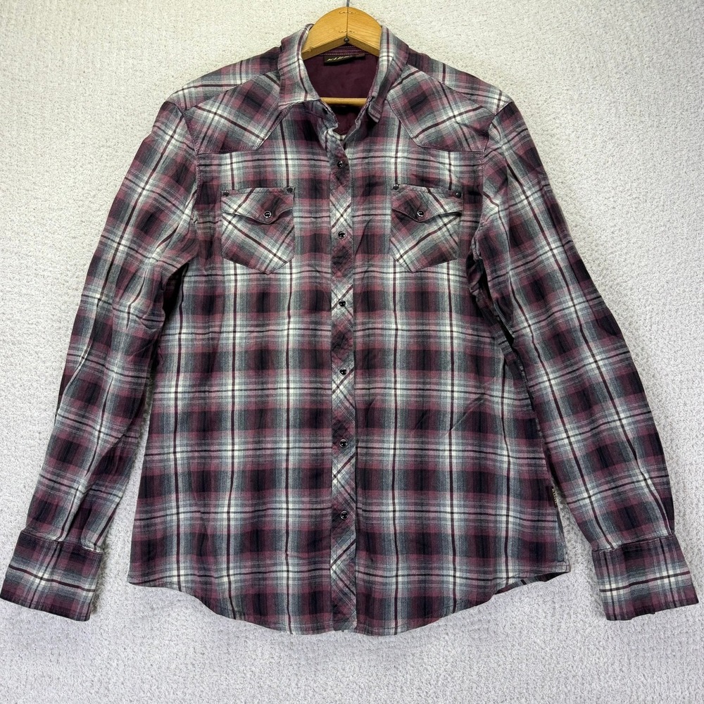 KUHL Mens Large Plaid Western Snap Front Shirt Burgundy Grey Long Sleeve L